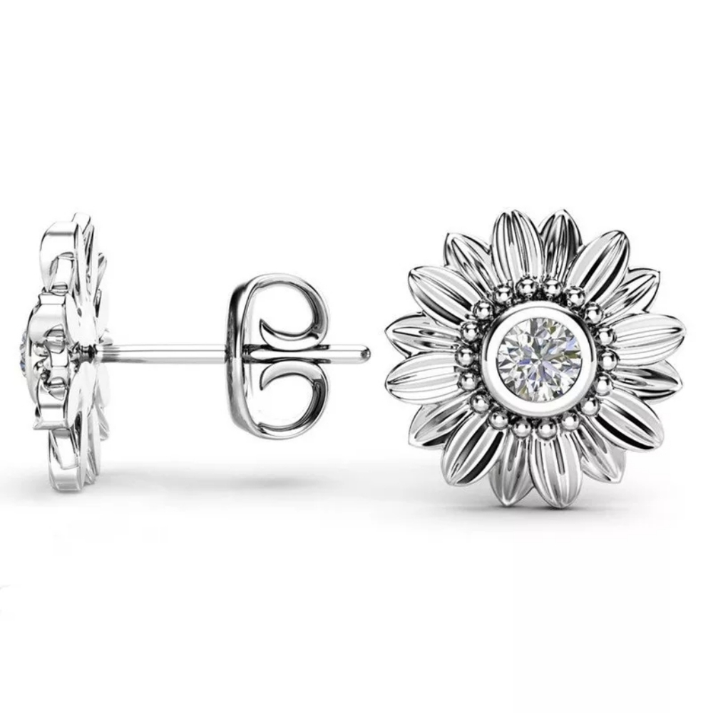 ***STERLING SILVER DIAMOND SUNFLOWER STUD EARRINGS - Picture 2 of 5